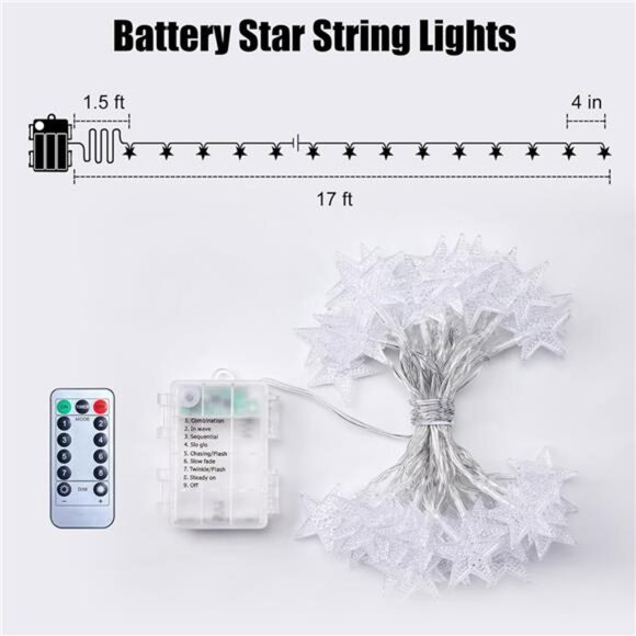 Battery operated star string lights 50 LED fairy lights warm white remote timer - Picture 6 of 7